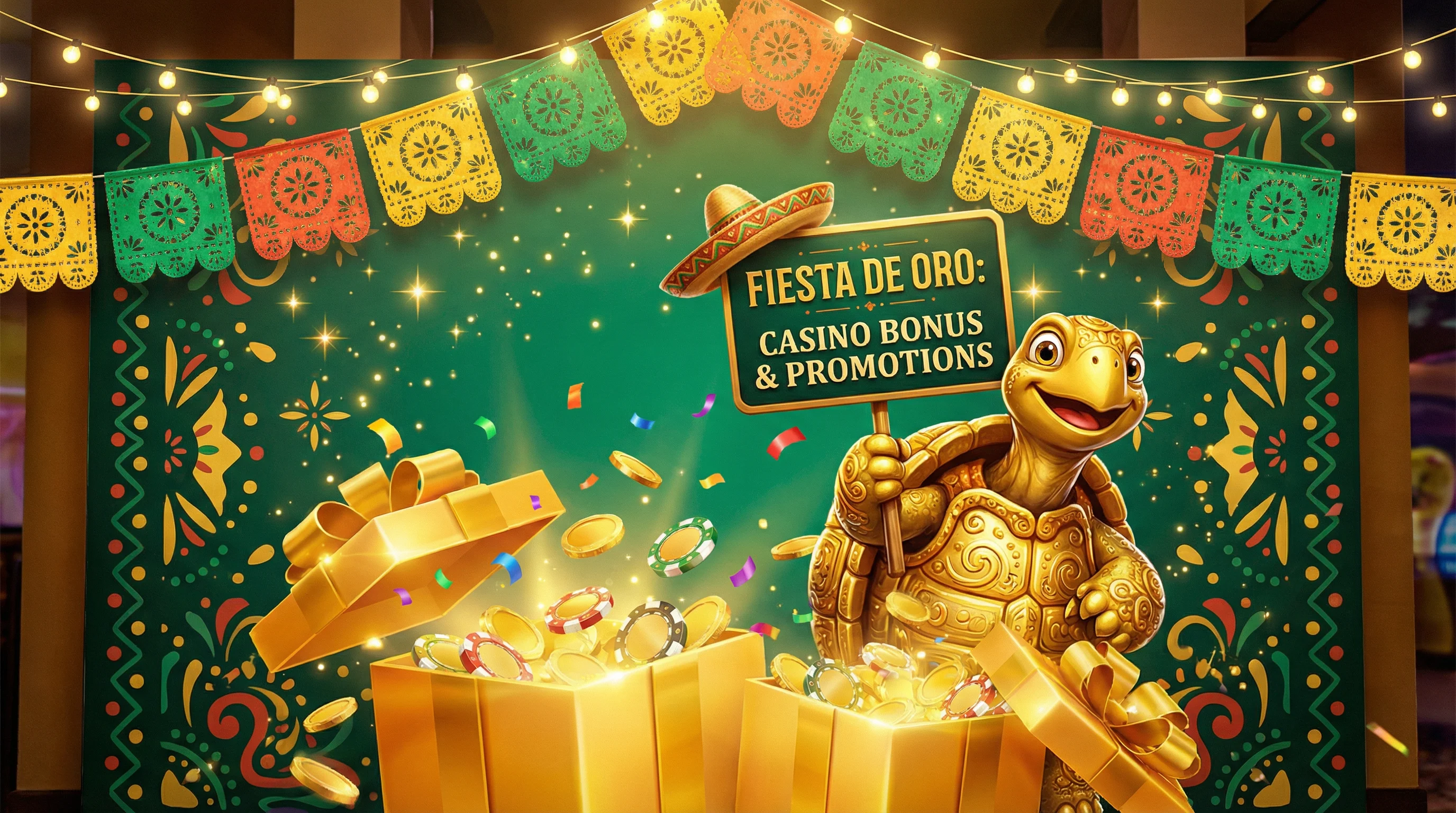 Promociones de casino con tortuga dorada celebrando, cajas de regalo y monedas volando